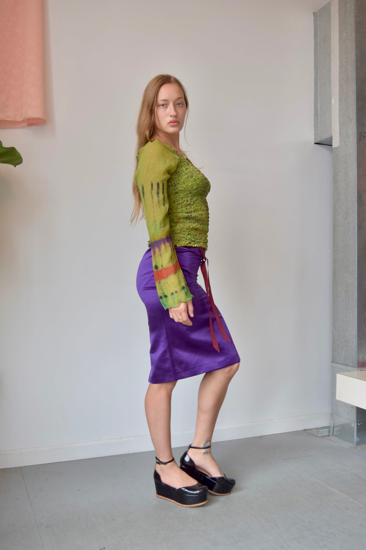 BLUE MARINE DEEP PURPLE + BURGUNDY TIE MIDI PENCIL SKIRT