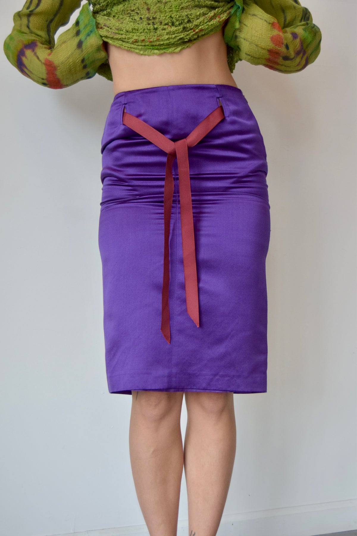 BLUE MARINE DEEP PURPLE + BURGUNDY TIE MIDI PENCIL SKIRT