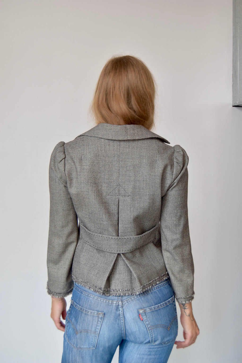 REBECCA TAYLOR BLACK AND WHITE PATTERNED BLAZER WITH RUFFLE TRIM AND FLORAL DETAIL