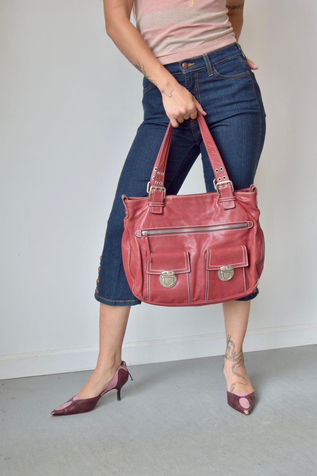 MARC JACOBS RED LEATHER TOTE WITH SILVER HARDWARE