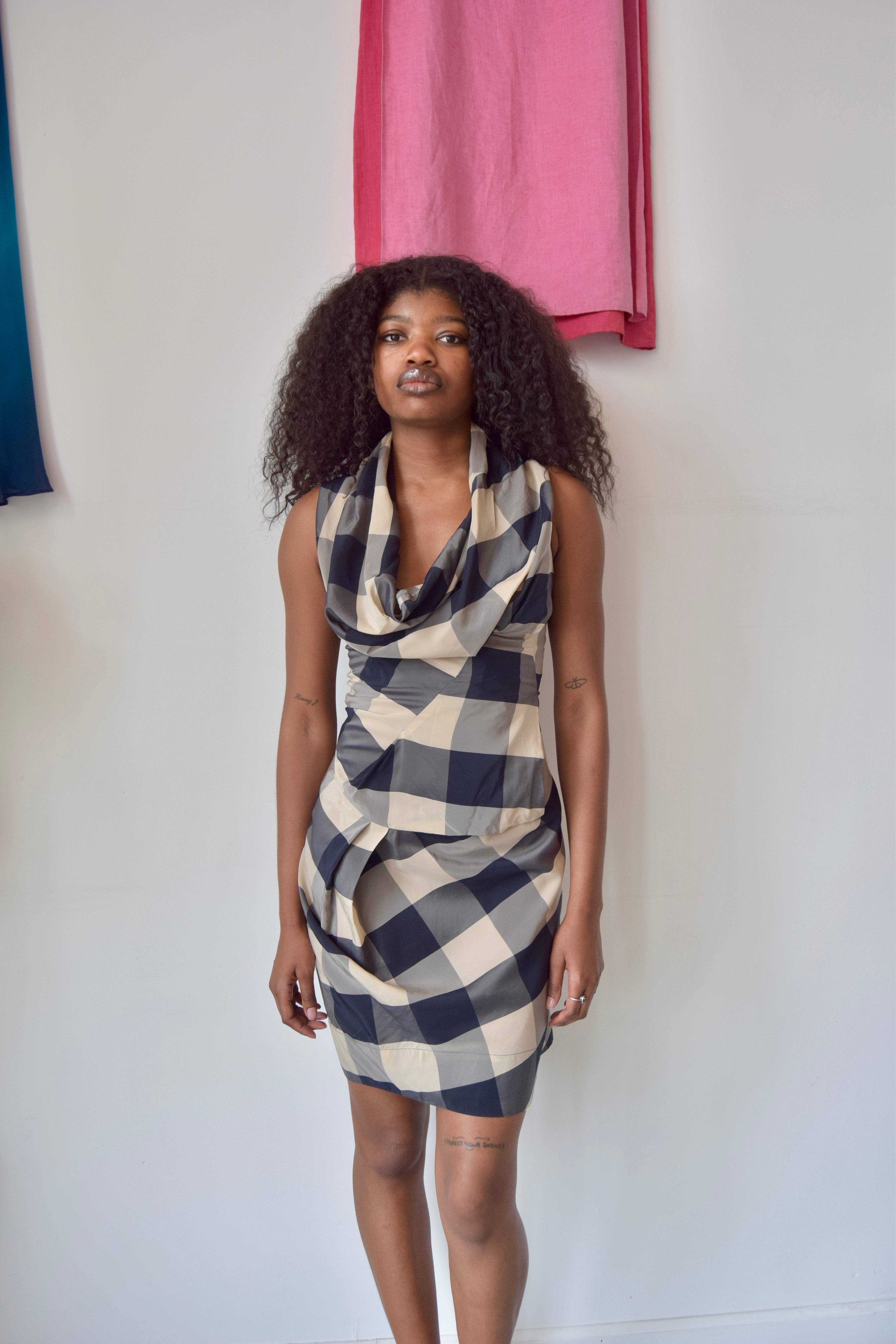 ALLSAINTS TAN AND NAVY GINGHAM SLEEVELESS COWL NECK DRESS