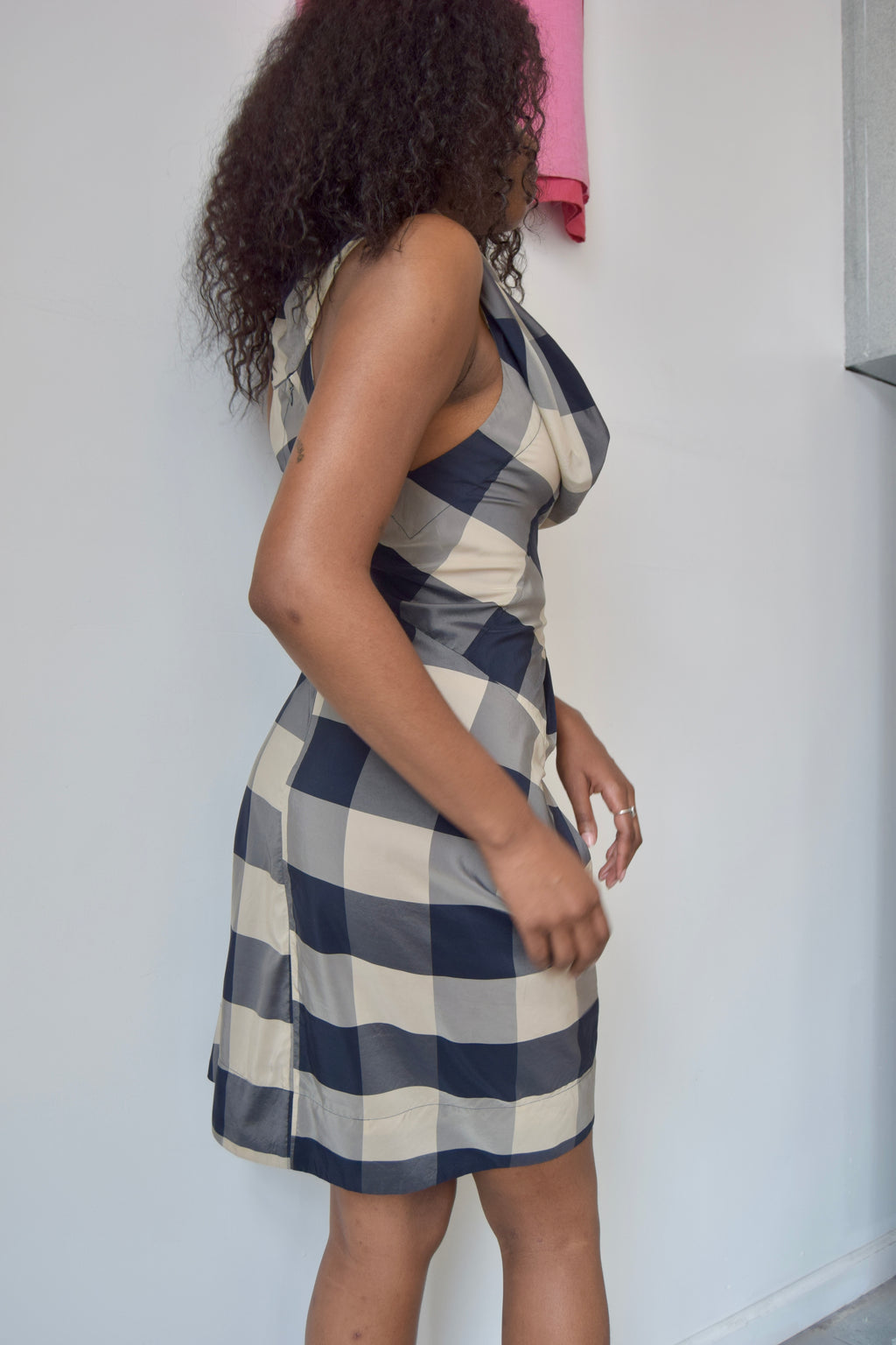 ALLSAINTS TAN AND NAVY GINGHAM SLEEVELESS COWL NECK DRESS