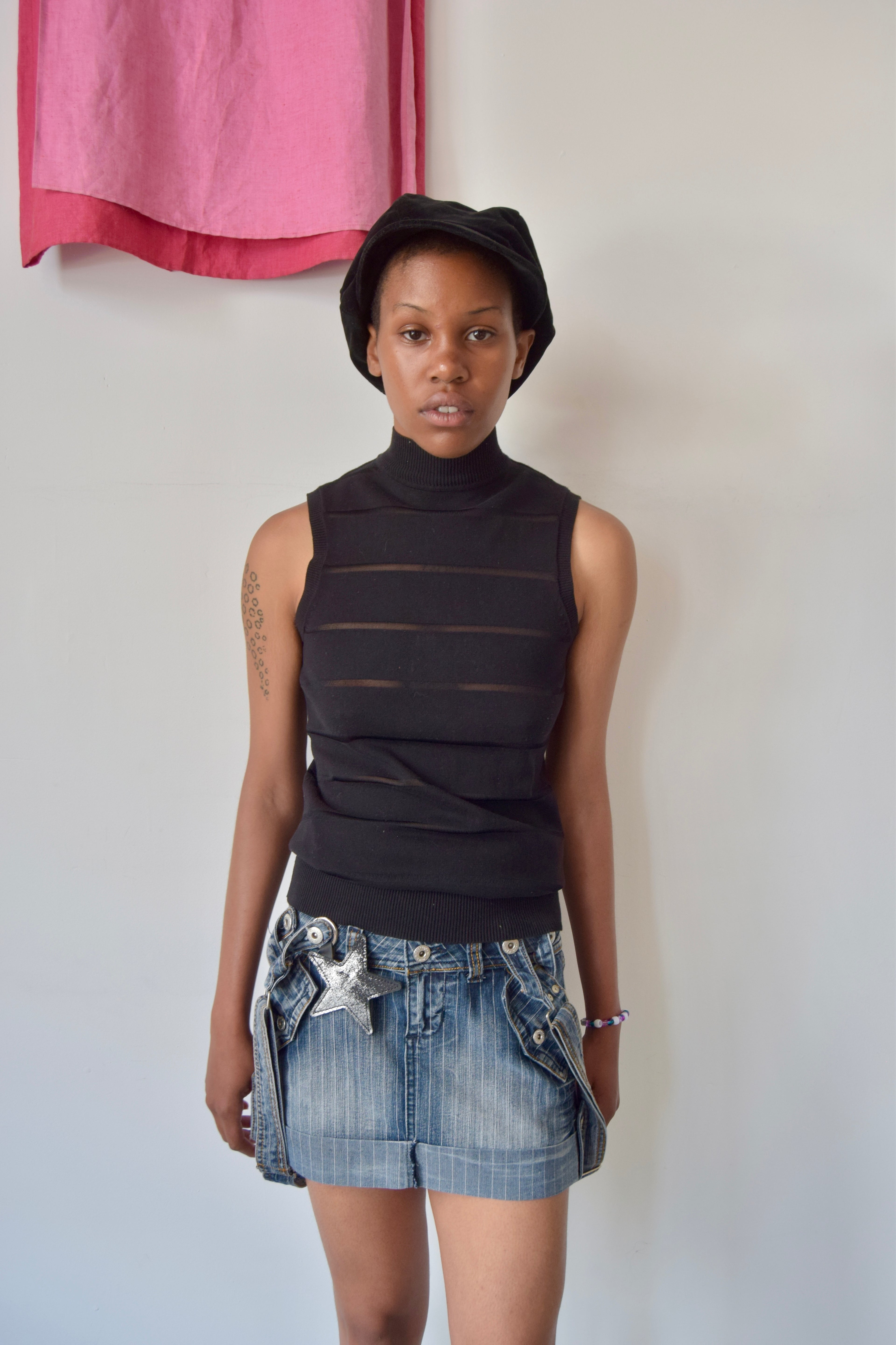 BEN SHERMAN COTTON KNIT SHEER/OPAQUE STRIPED OPEN BACK TOP