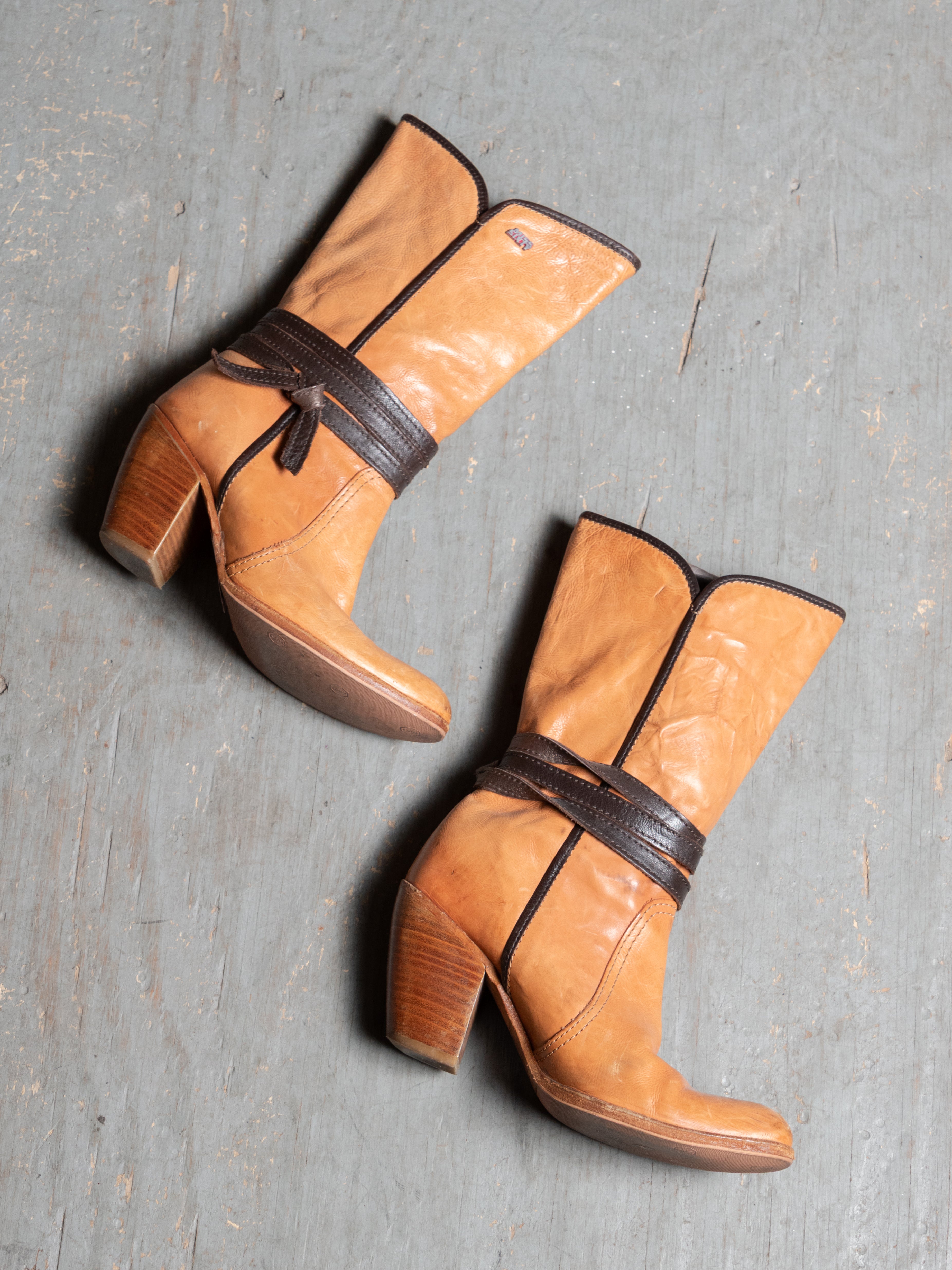 MISS SIXTY TAN COWBOY HEEL BOOTS WITH BROWN W STRAP DETAILING