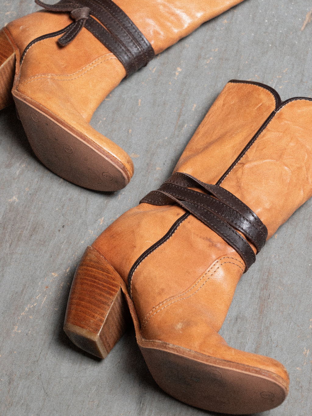 MISS SIXTY TAN COWBOY HEEL BOOTS WITH BROWN W STRAP DETAILING