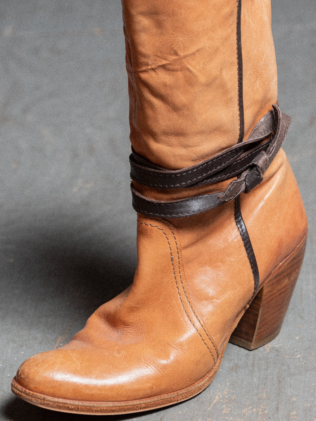 MISS SIXTY TAN COWBOY HEEL BOOTS WITH BROWN W STRAP DETAILING