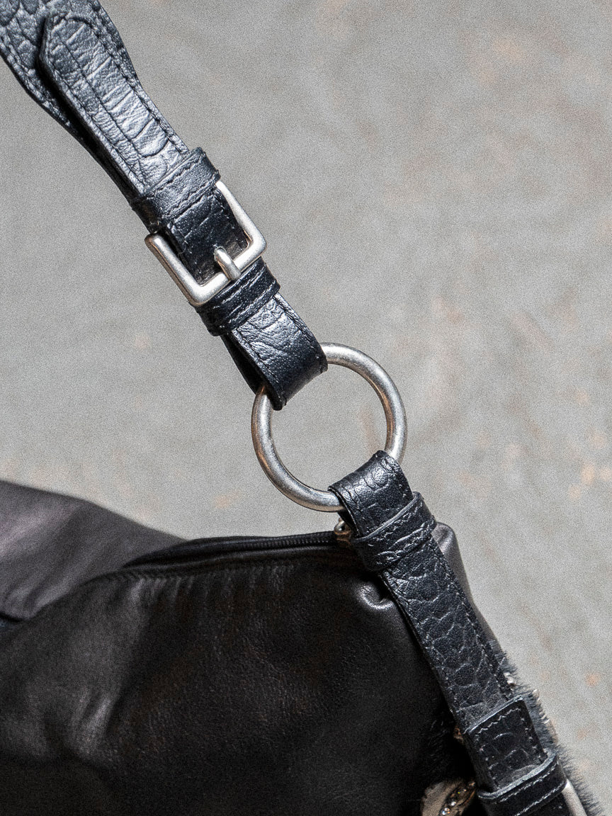 SOFT GREY dark purple calf skin handles grommet boho bag