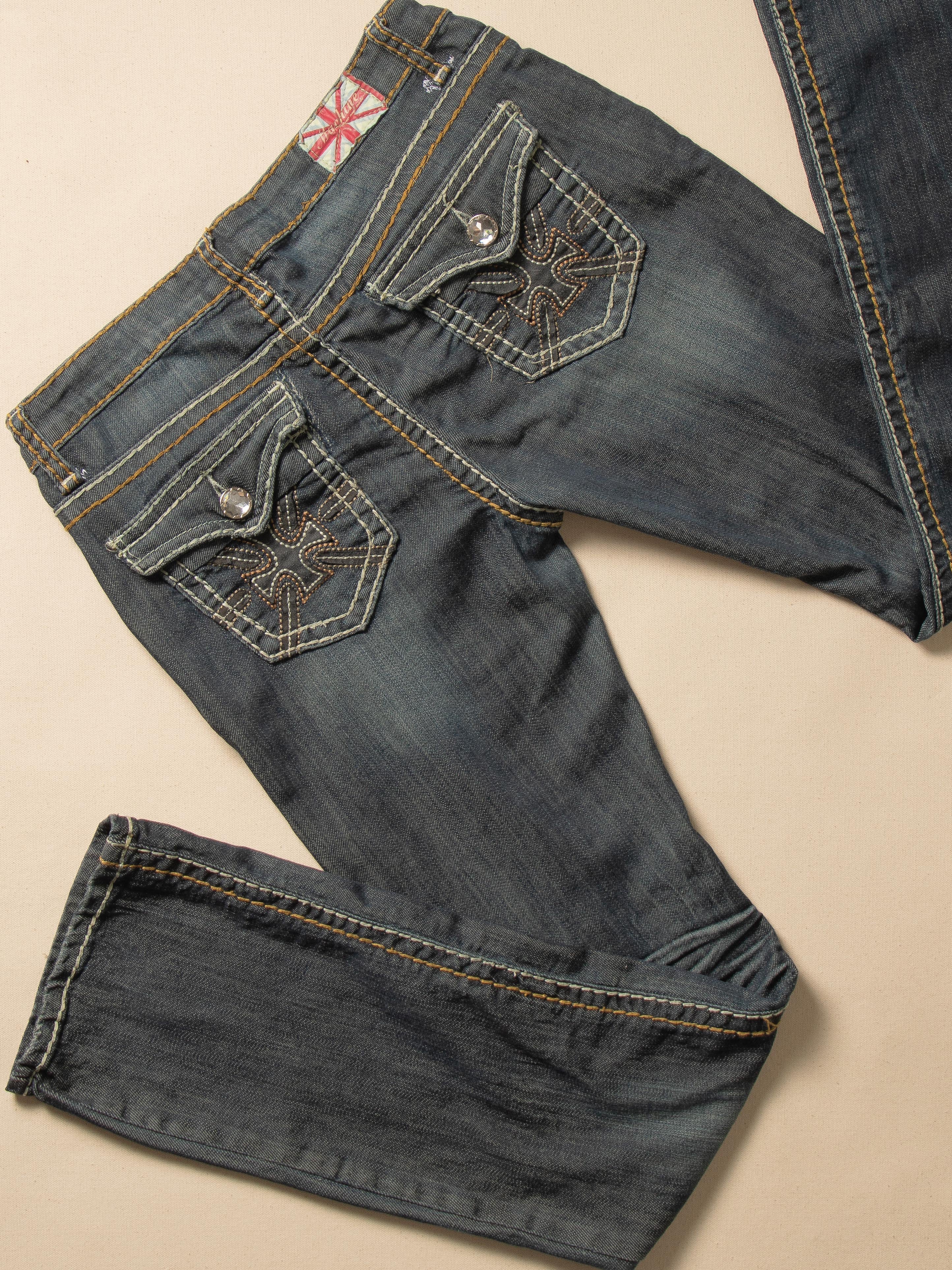 MACHINE DISTRESSED LOW RISE DARK WASH JEANS