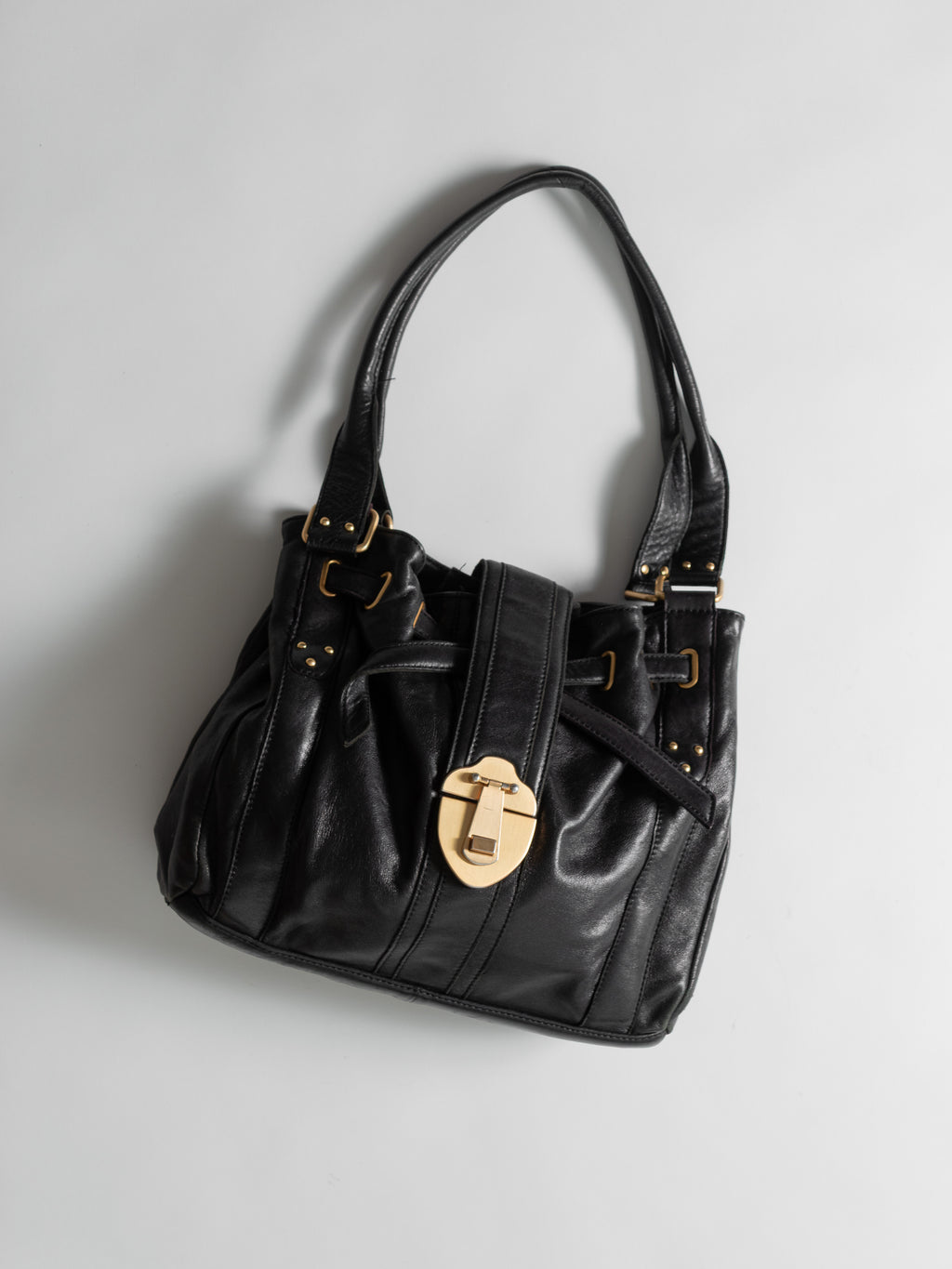 ROUGH ROSES BLACK LEATHER DRAWSTRING CLOSURE PURSE