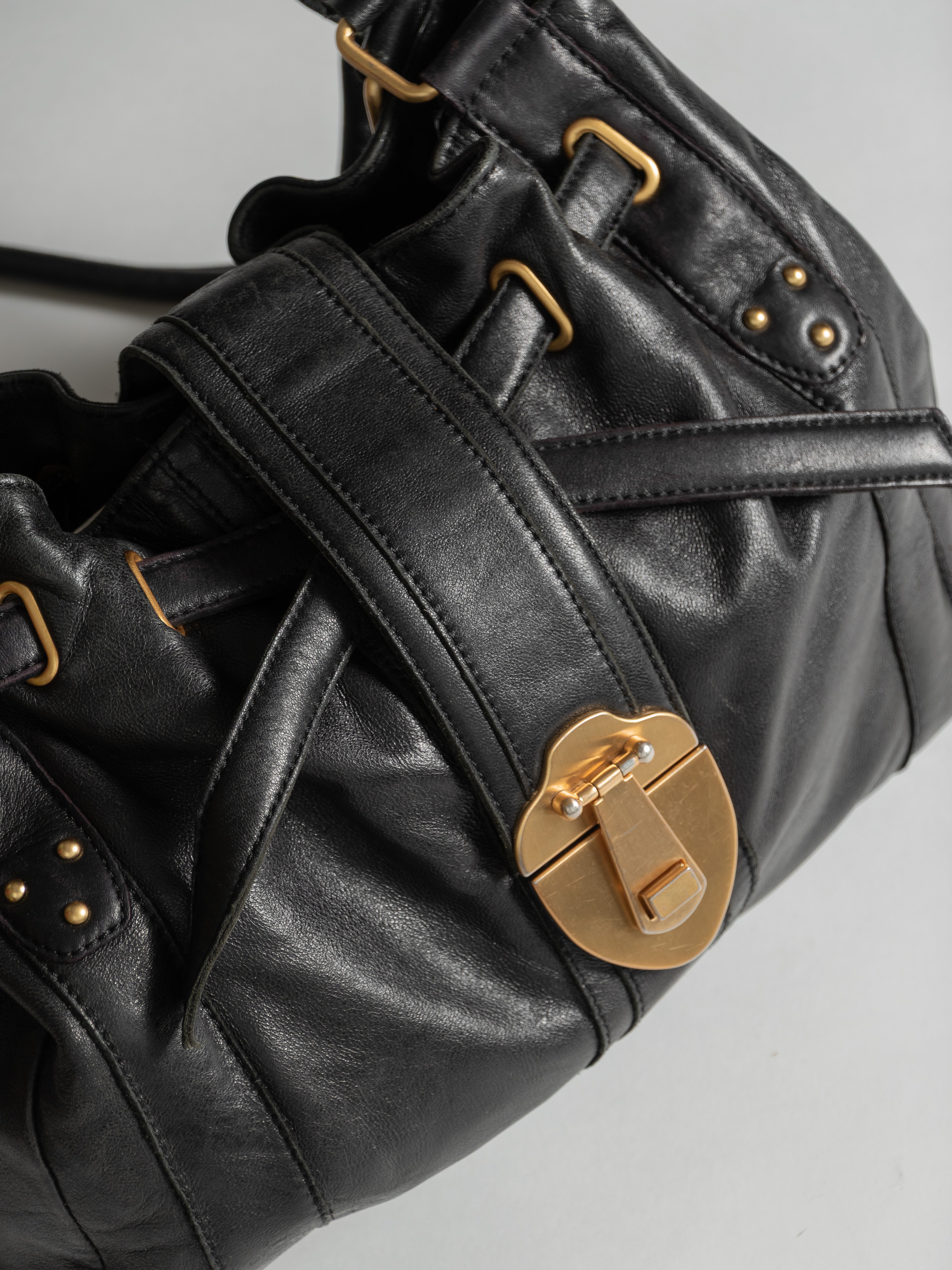 ROUGH ROSES BLACK LEATHER DRAWSTRING CLOSURE PURSE