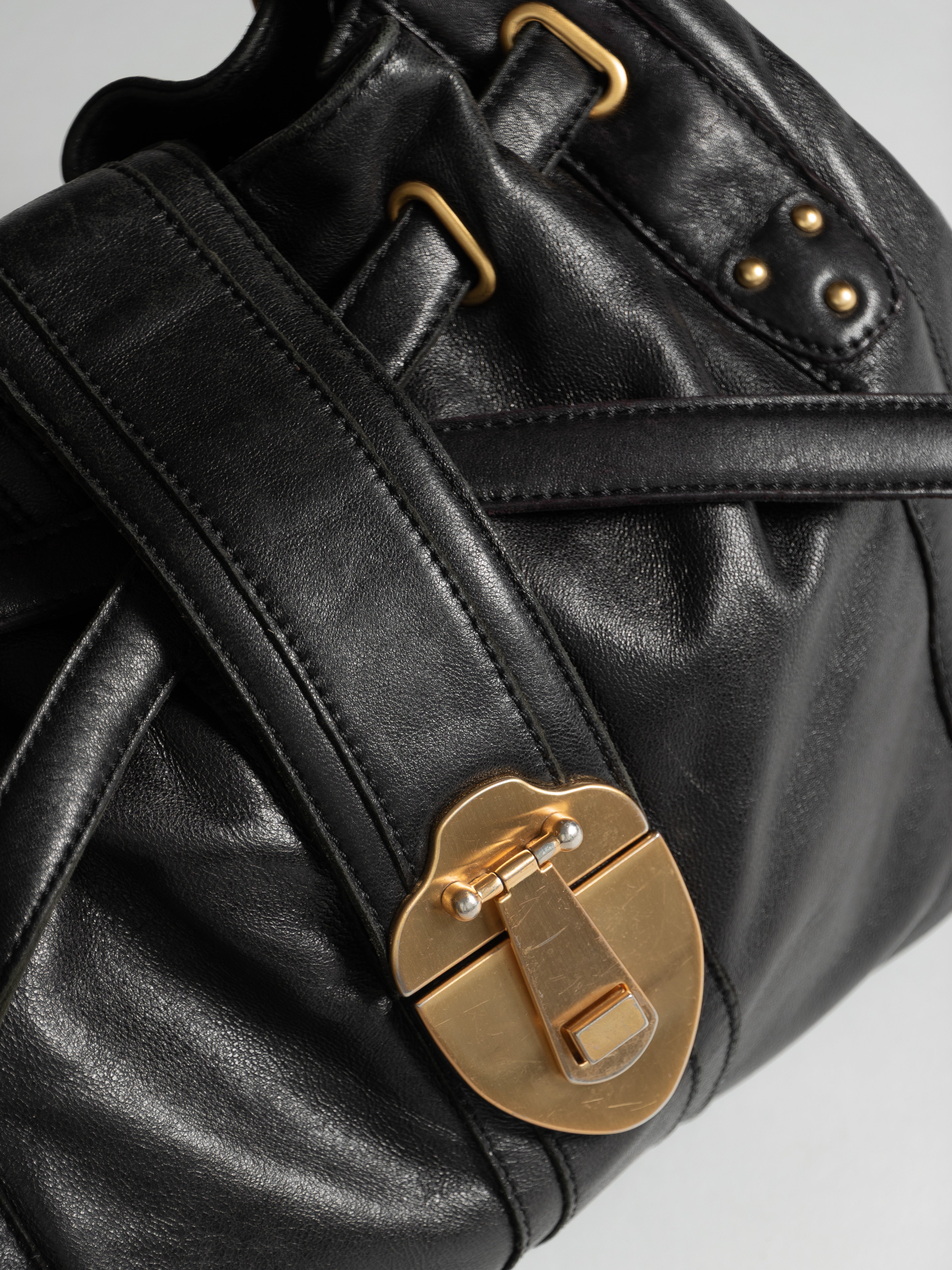 ROUGH ROSES BLACK LEATHER DRAWSTRING CLOSURE PURSE