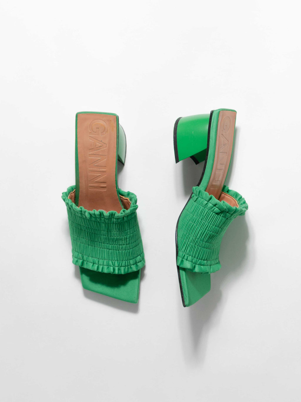 GANNI GREEN RUCHED SANDALS WITH ROUNDED HEEL