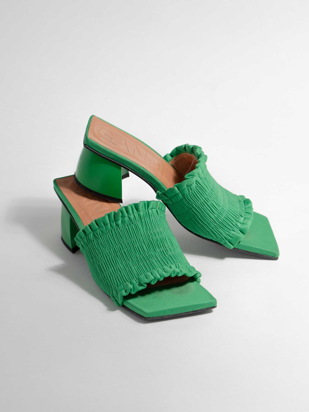 GANNI GREEN RUCHED SANDALS WITH ROUNDED HEEL