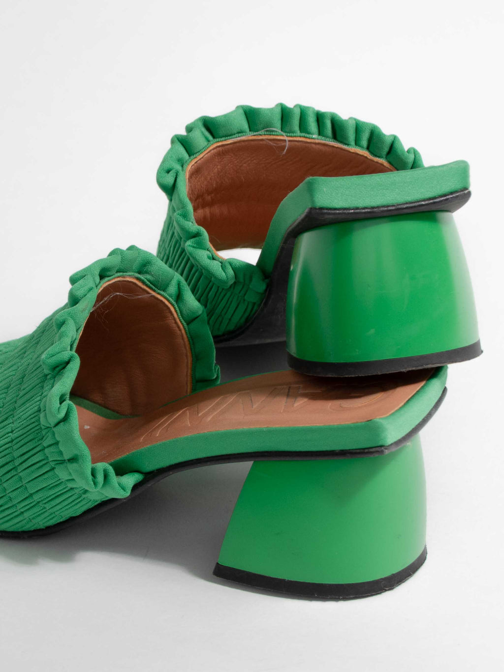 GANNI GREEN RUCHED SANDALS WITH ROUNDED HEEL