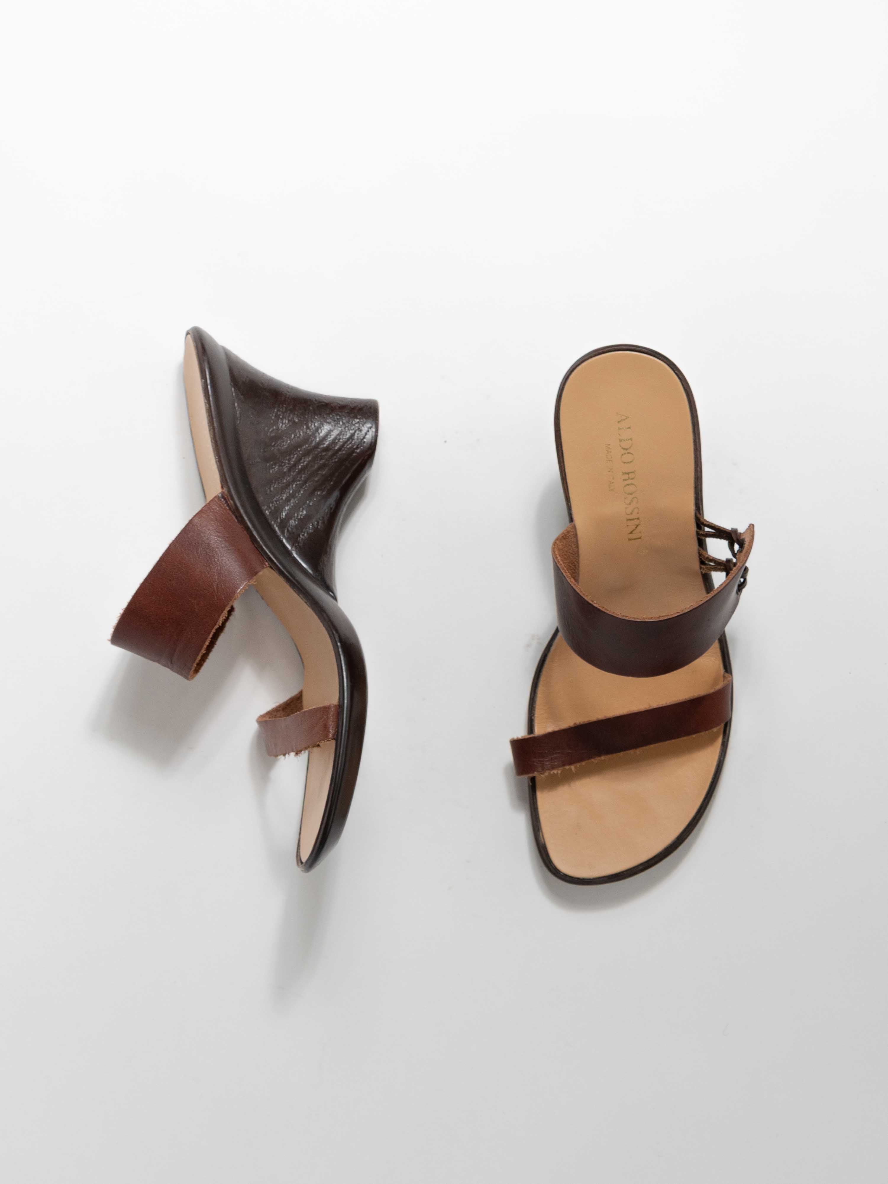ALDO ROSSINI BROWN LEATHER WOOD WEDGE STRAP HEEL