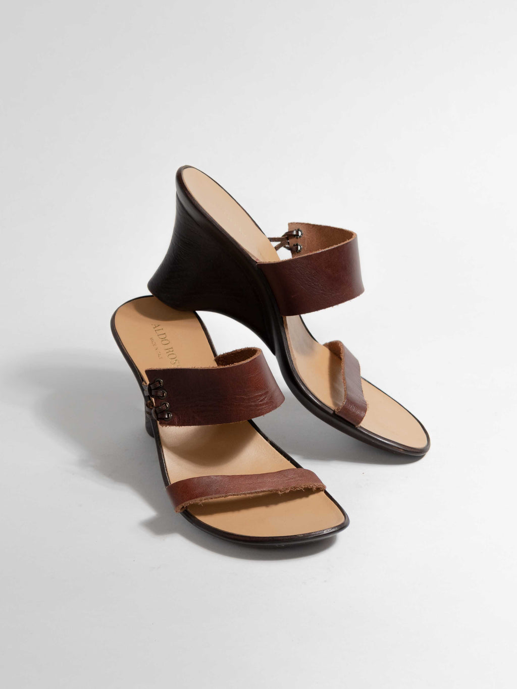 ALDO ROSSINI BROWN LEATHER WOOD WEDGE STRAP HEEL