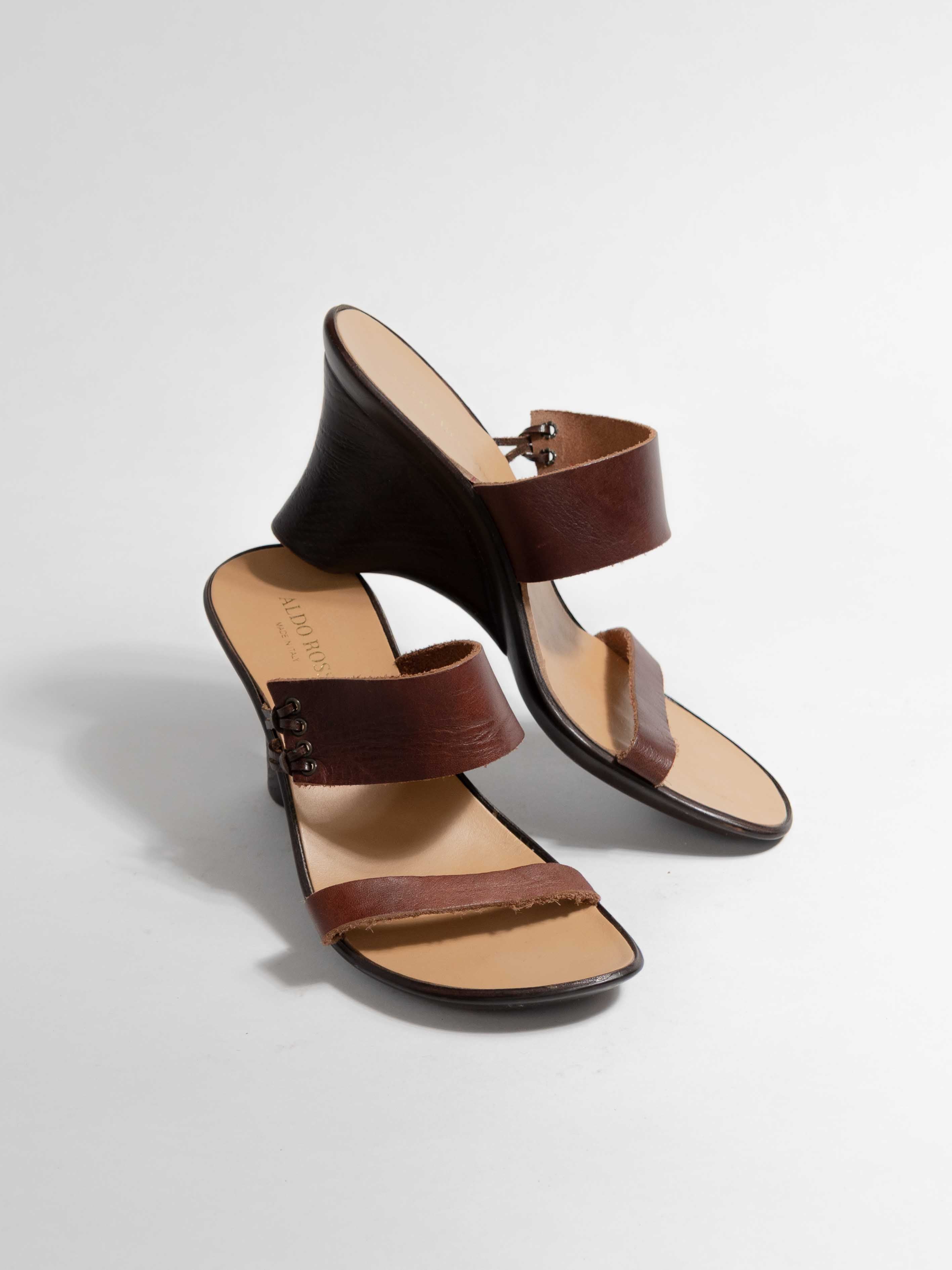 ALDO ROSSINI BROWN LEATHER WOOD WEDGE STRAP HEEL