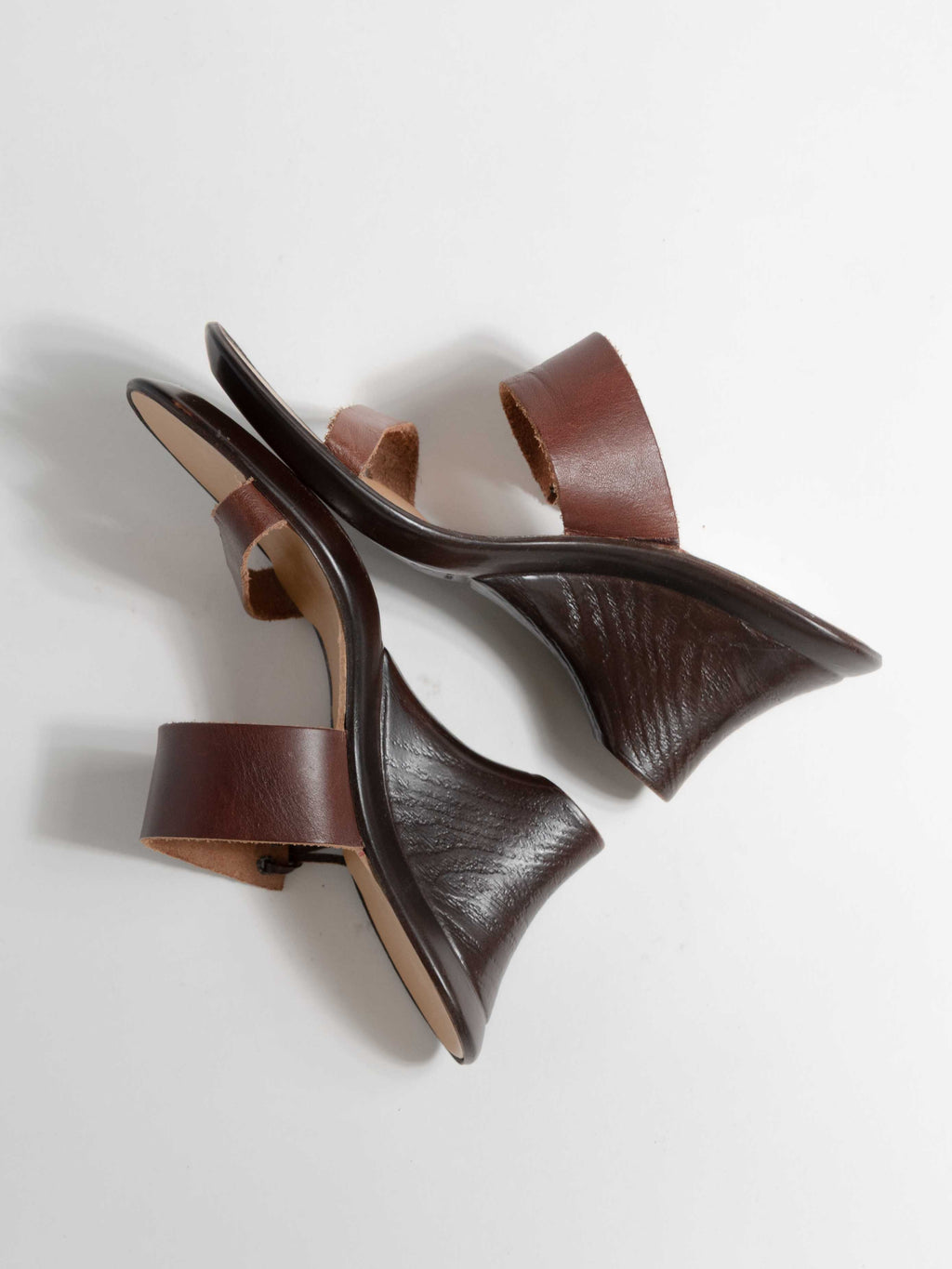 ALDO ROSSINI BROWN LEATHER WOOD WEDGE STRAP HEEL
