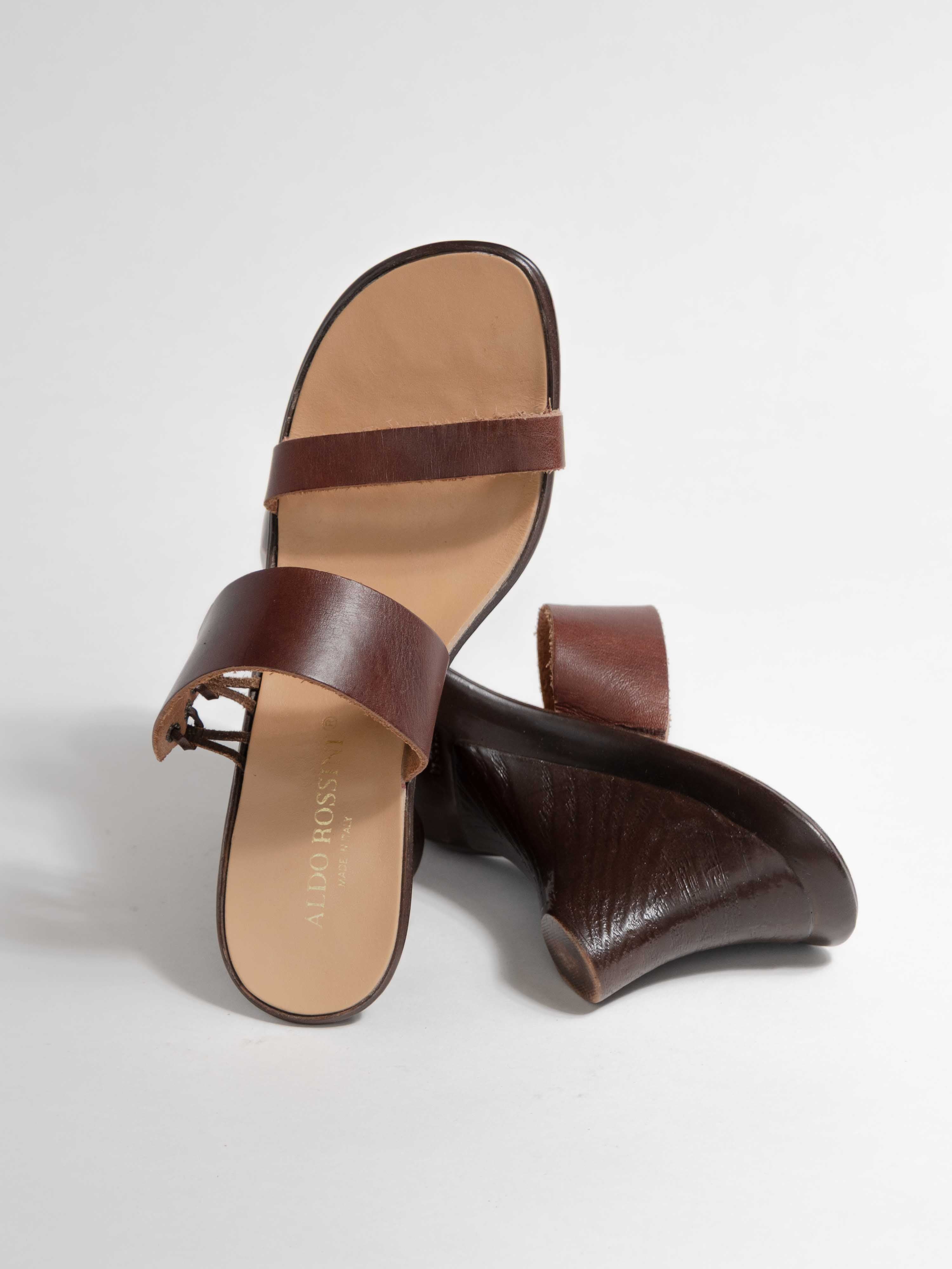 ALDO ROSSINI BROWN LEATHER WOOD WEDGE STRAP HEEL