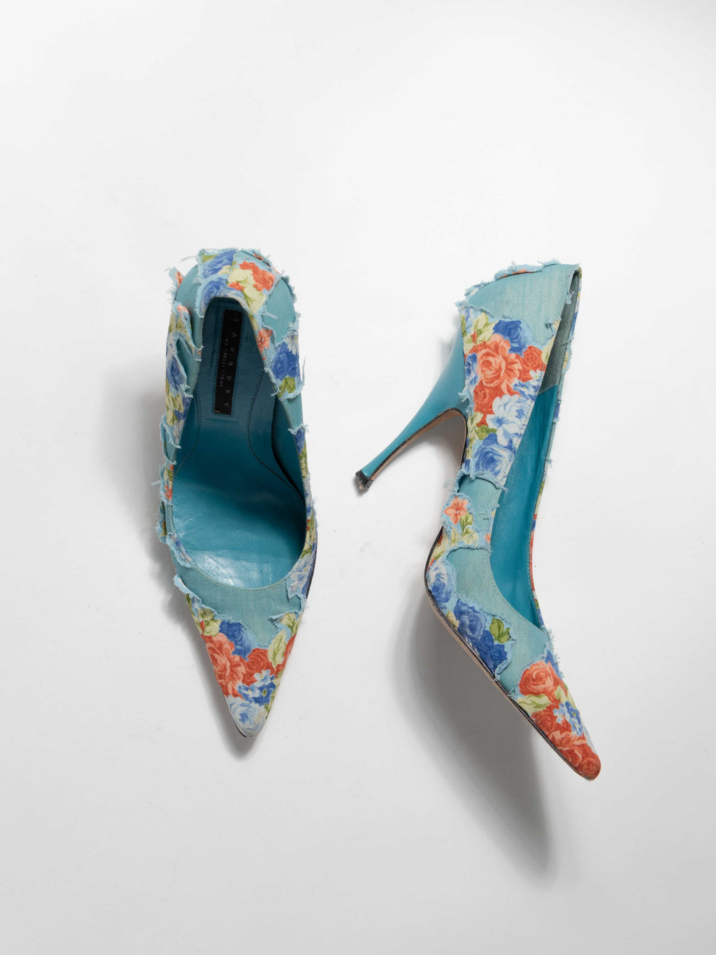 LAUNDRY BLUE STILLETO PUMPS WITH FLORAL OVERLAY