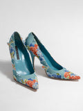 LAUNDRY BLUE STILLETO PUMPS WITH FLORAL OVERLAY