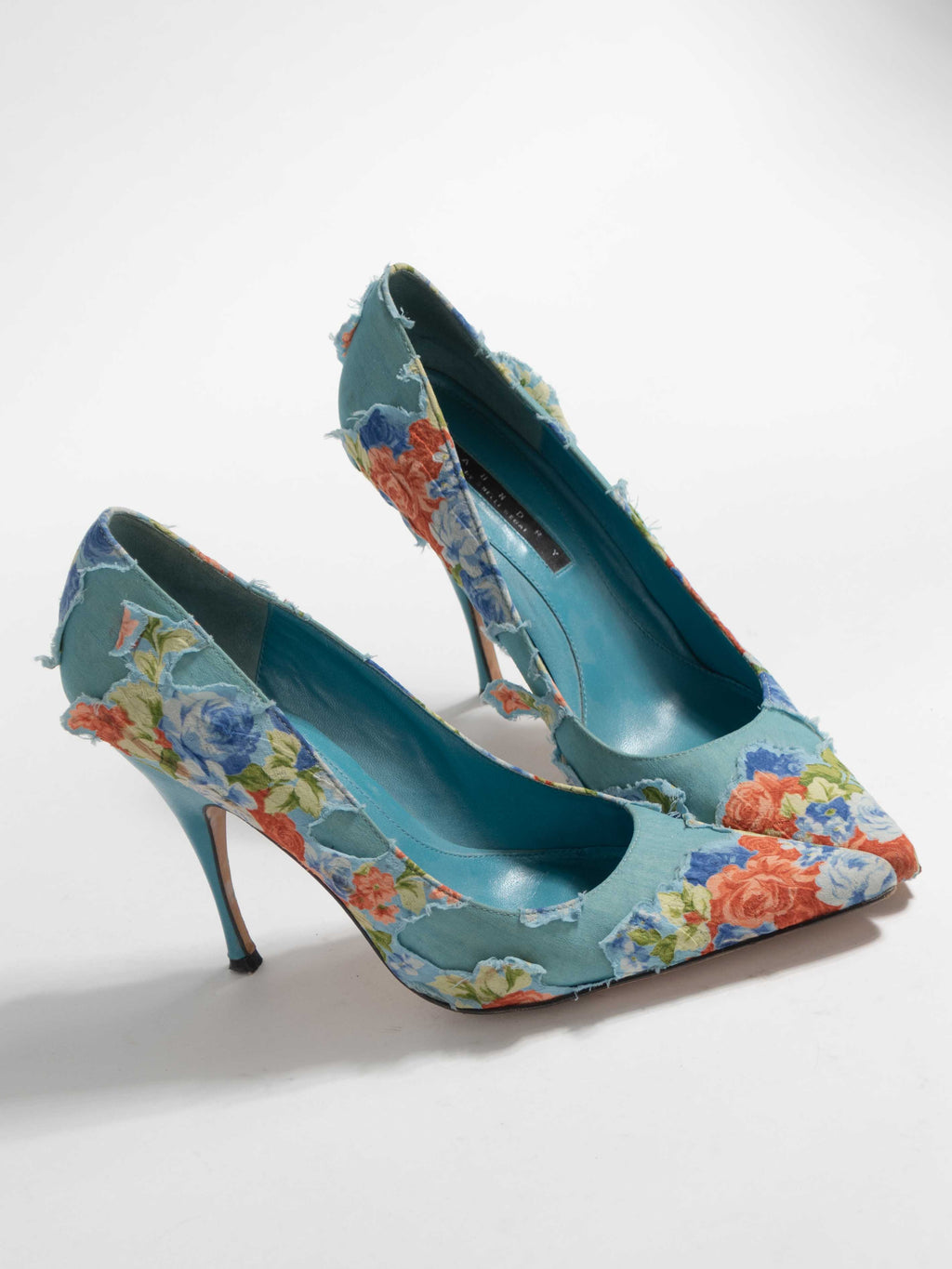 LAUNDRY BLUE STILLETO PUMPS WITH FLORAL OVERLAY