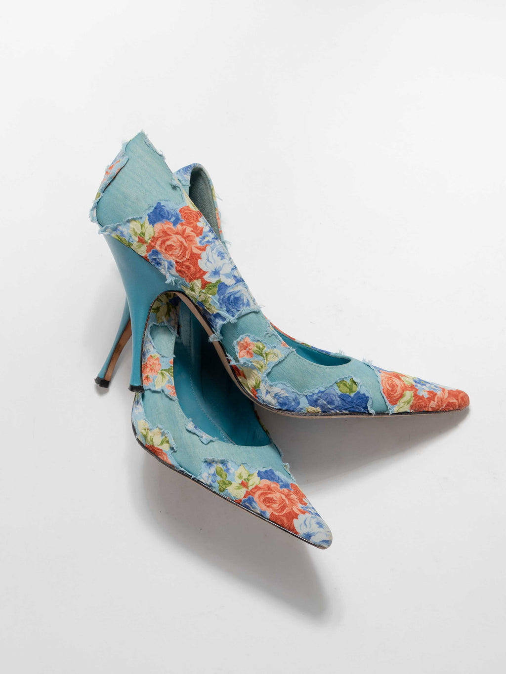 LAUNDRY BLUE STILLETO PUMPS WITH FLORAL OVERLAY