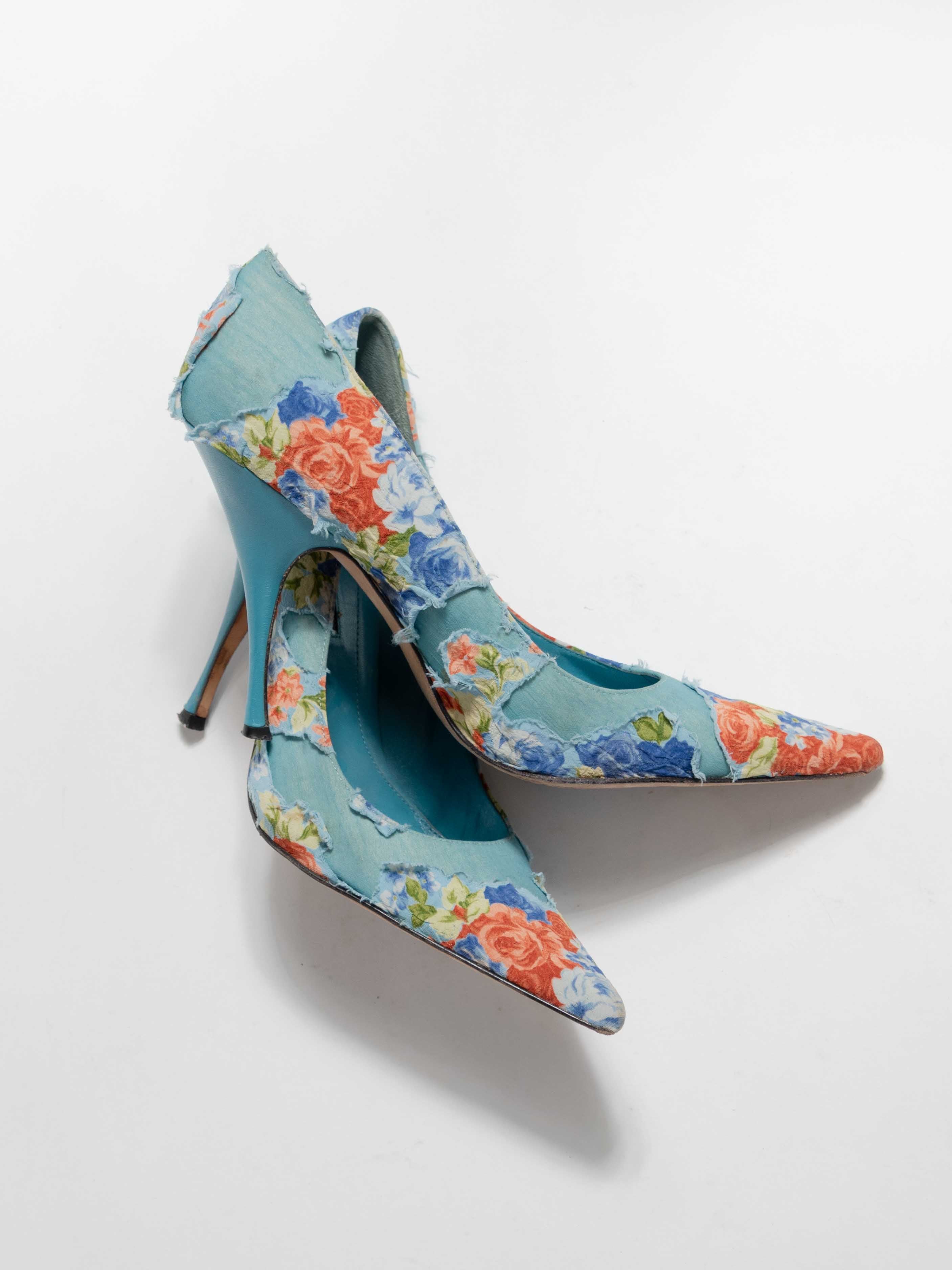 LAUNDRY BLUE STILLETO PUMPS WITH FLORAL OVERLAY