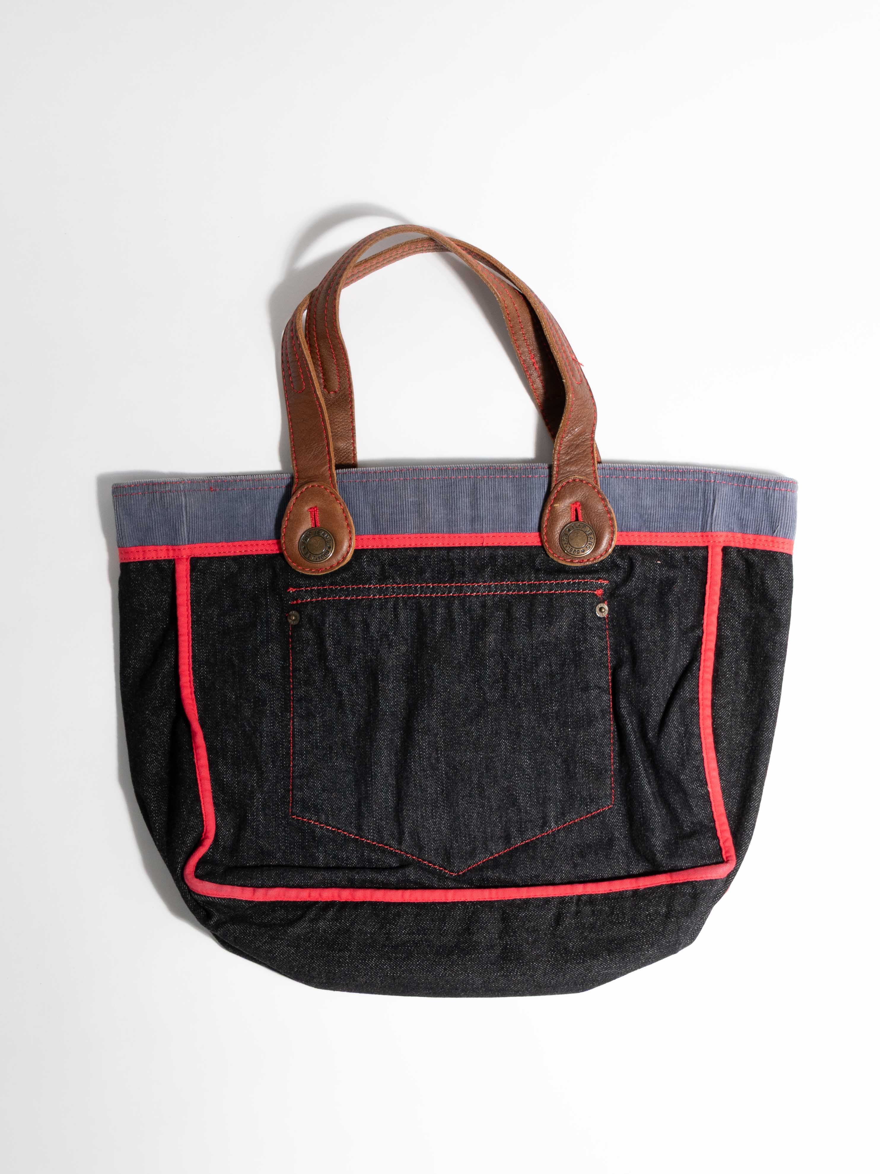 GAP REVERSIBLE DENIM AND BLUE CORDUROY TOTE WITH BRIGHT RED PIPING
