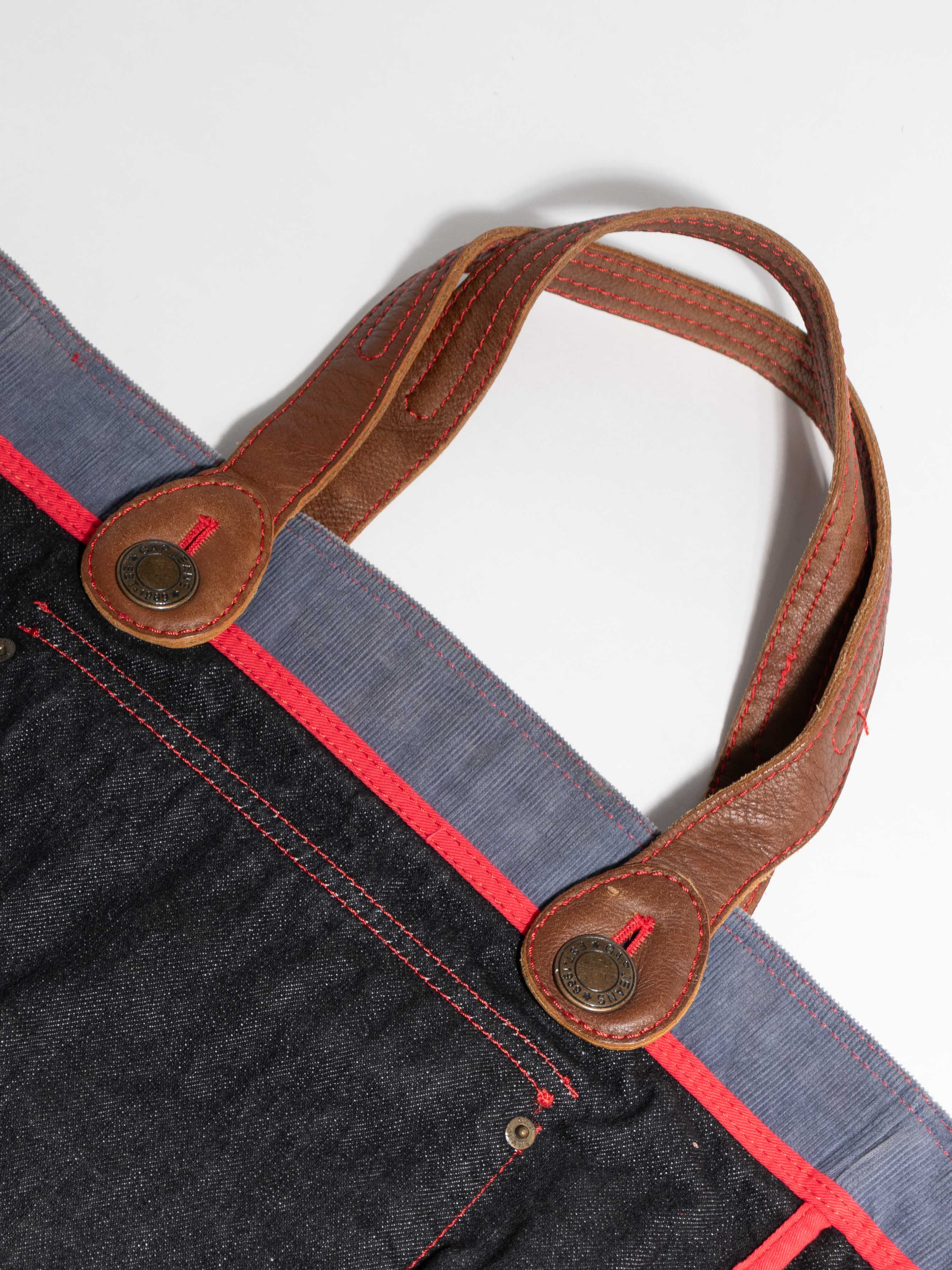 GAP REVERSIBLE DENIM AND BLUE CORDUROY TOTE WITH BRIGHT RED PIPING