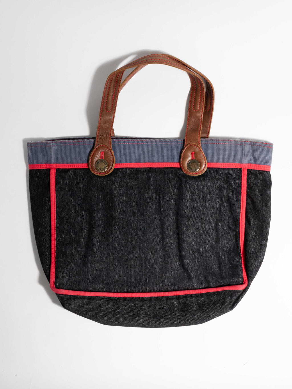 GAP REVERSIBLE DENIM AND BLUE CORDUROY TOTE WITH BRIGHT RED PIPING