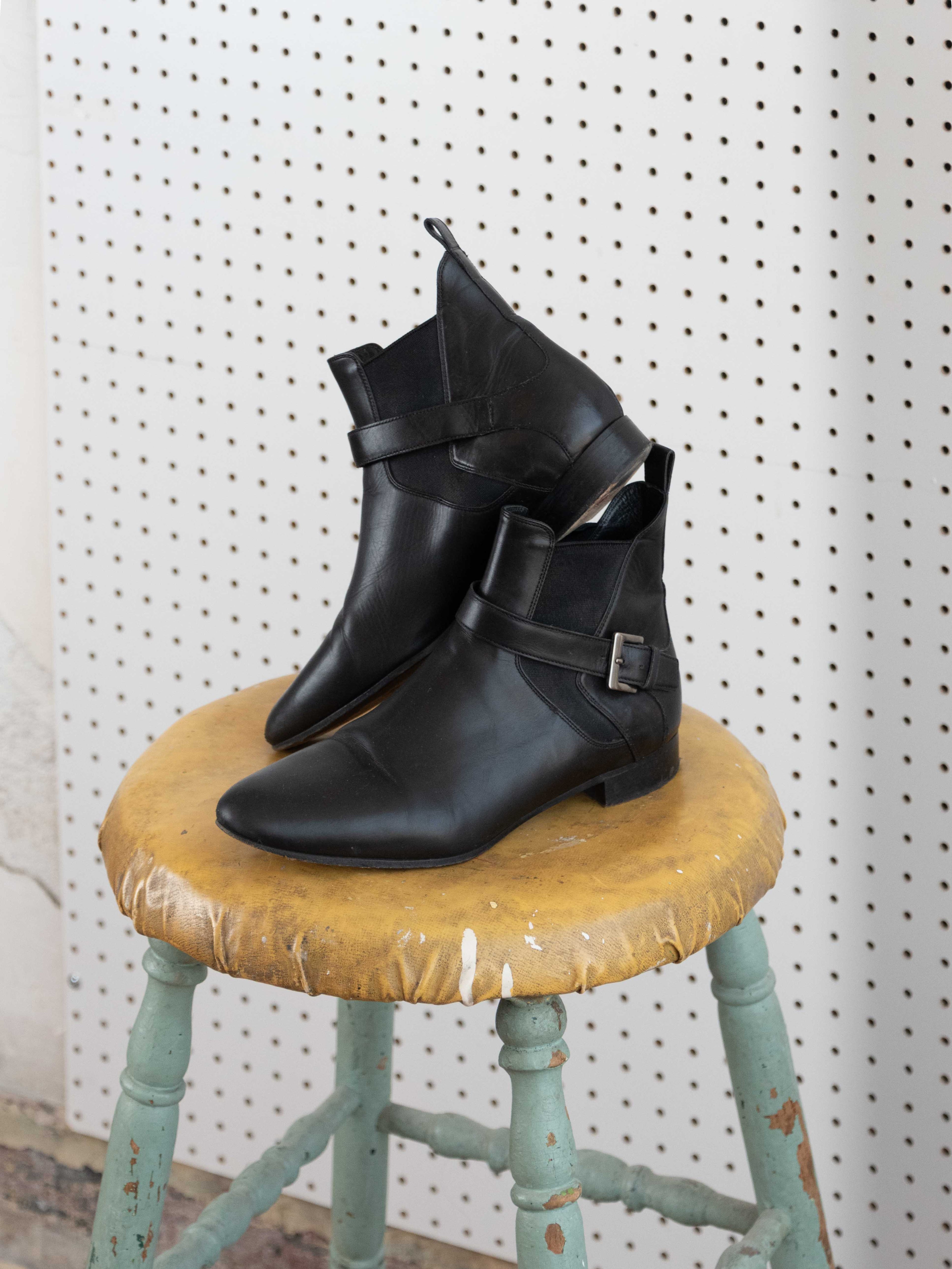 MIU MIU BLACK LEATHER ANKLE BOOTS WITH SILVER HARDWARE