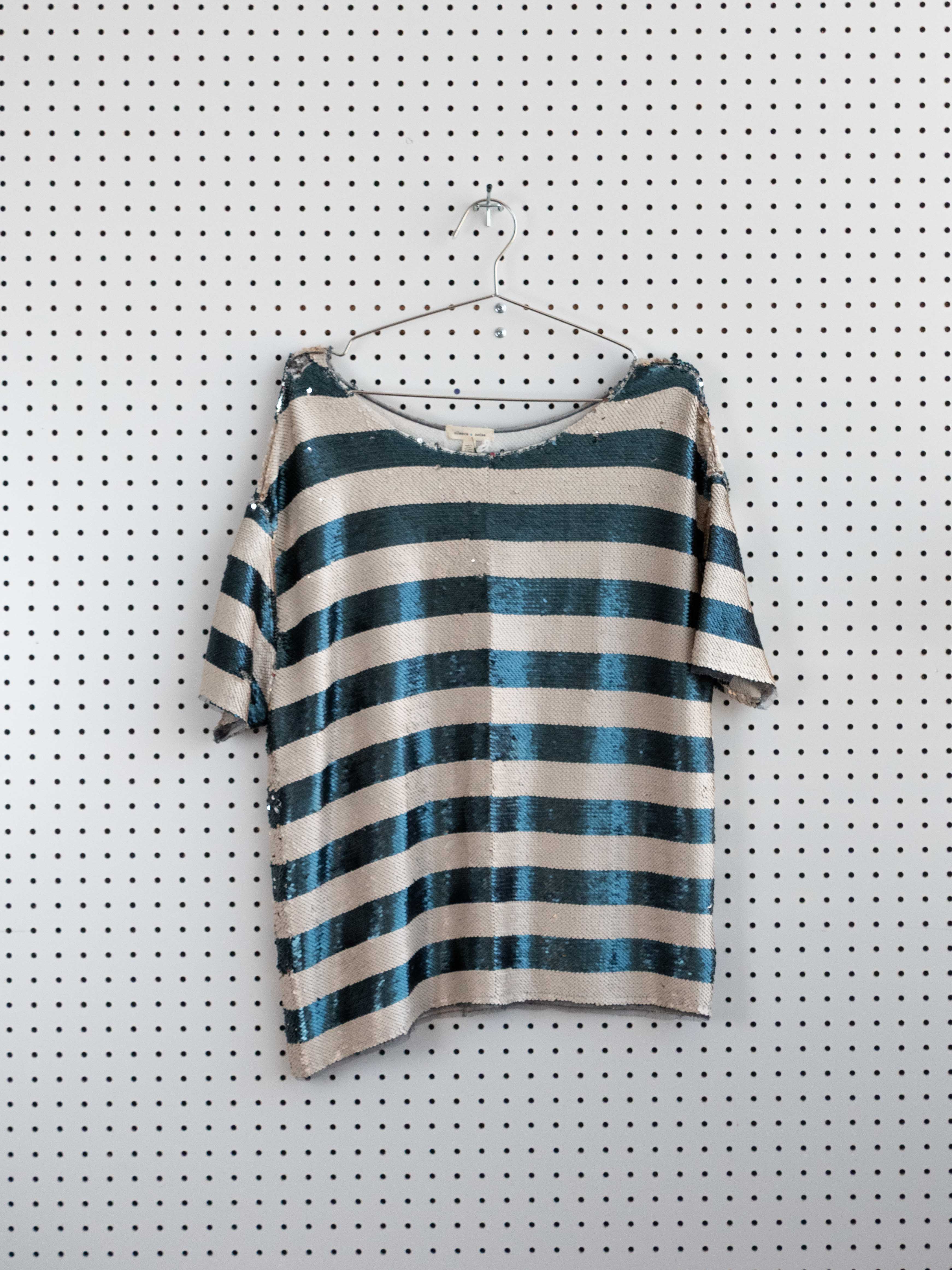 SILENCE + NOISE IVORY + BLUE  STRIPED COMPLETELY SEQUINED TEE