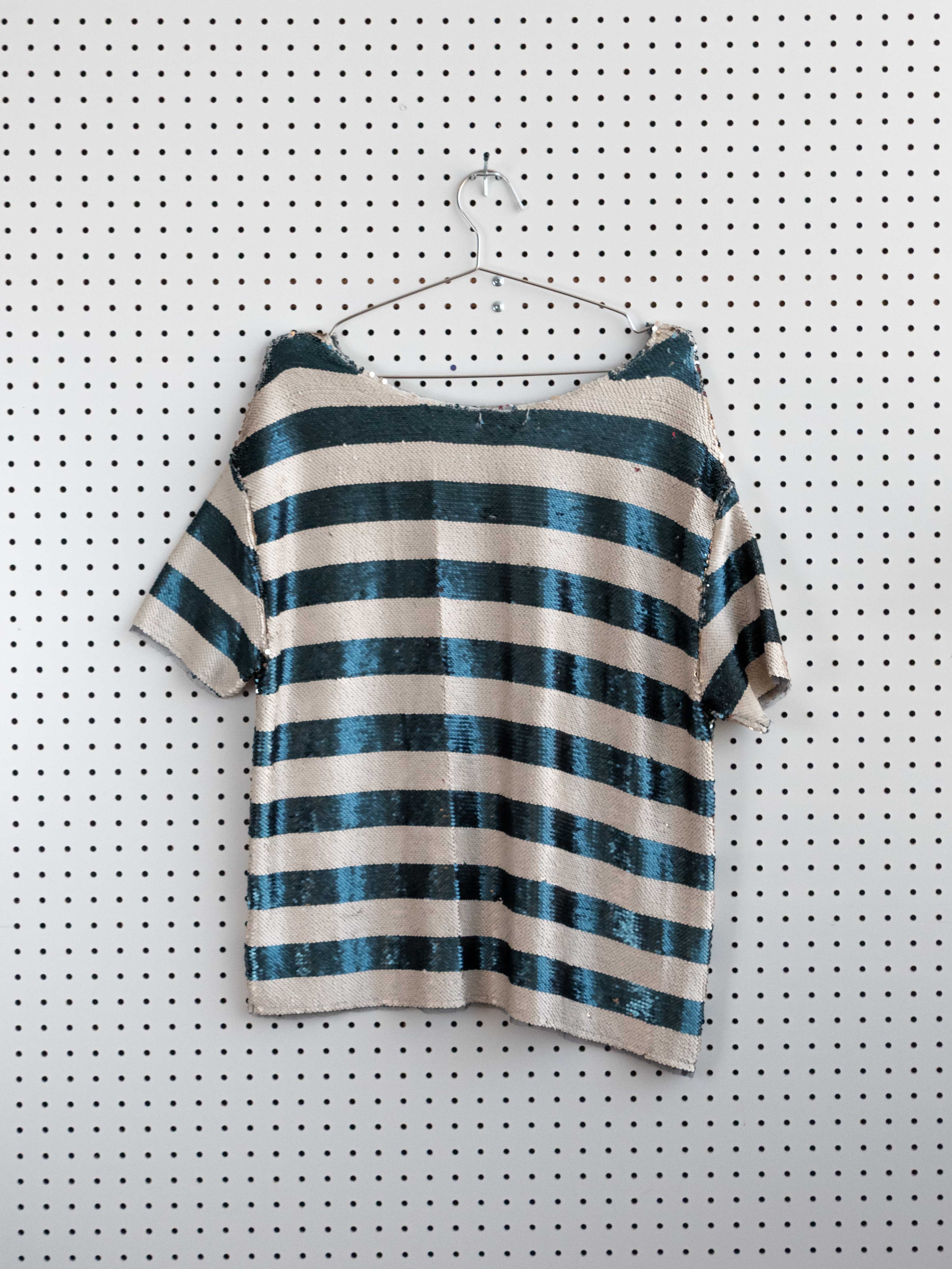 SILENCE + NOISE IVORY + BLUE  STRIPED COMPLETELY SEQUINED TEE